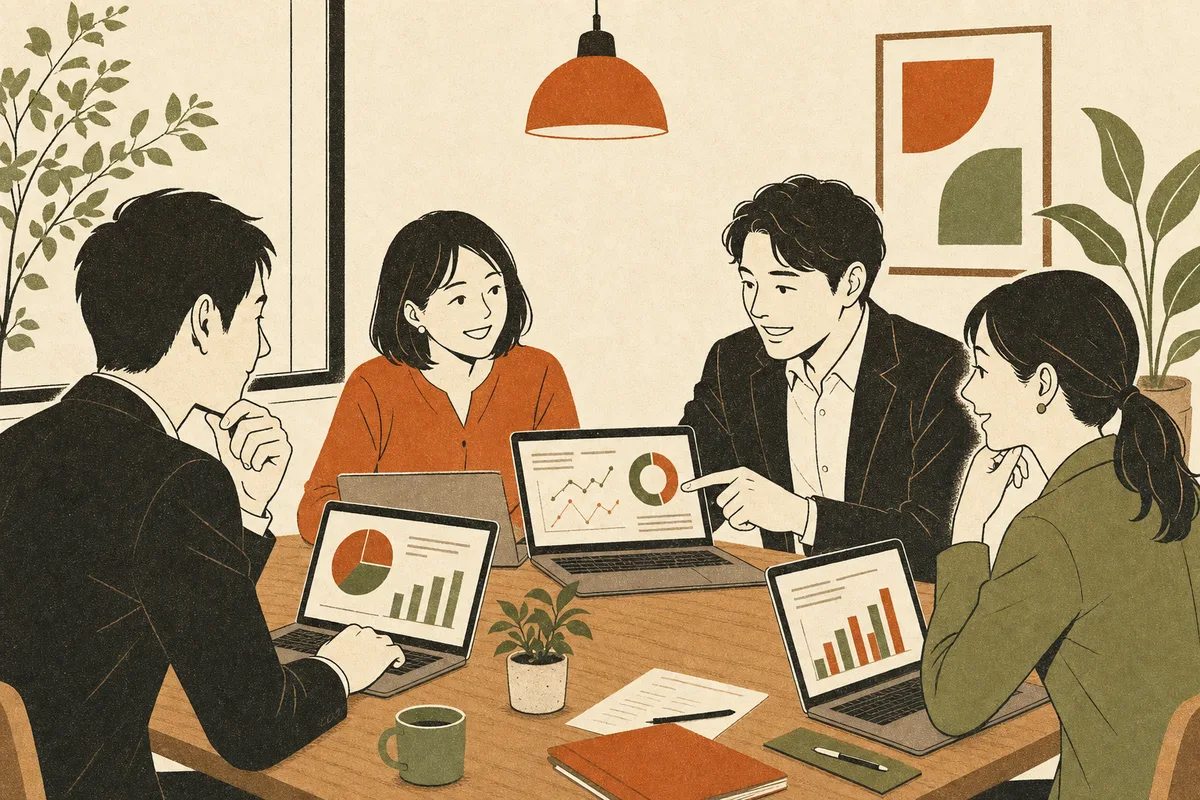 経営者同士が自社の事業について話している様子のイラスト